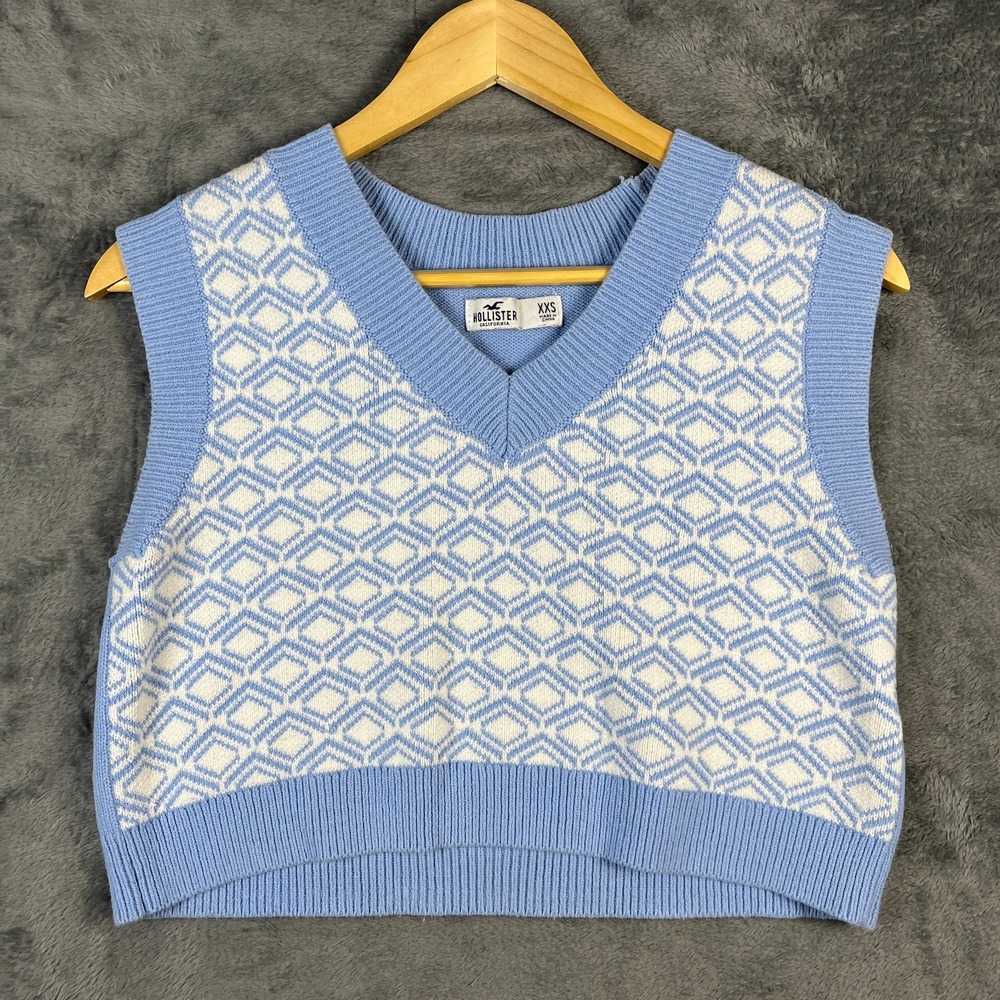 Hollister Crop Sweater Vest Womens 2XS Blue White Diamond Tight Knit Ribbed Trim